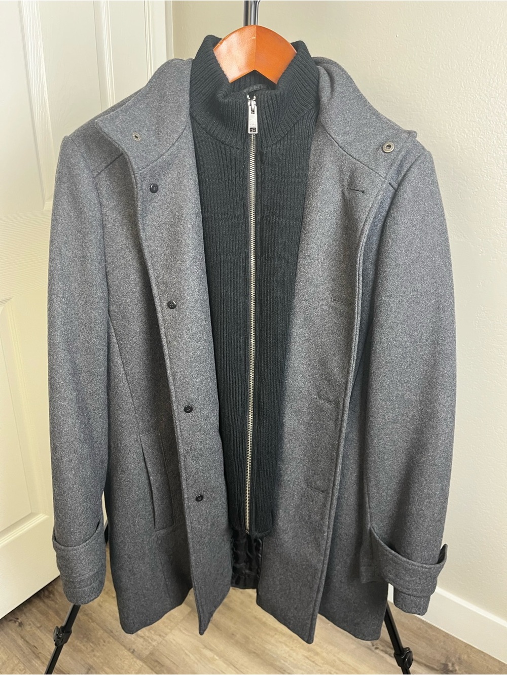 Marc NewYork Men's Grey Wool Blend Coat with Black Zip-Up Layer